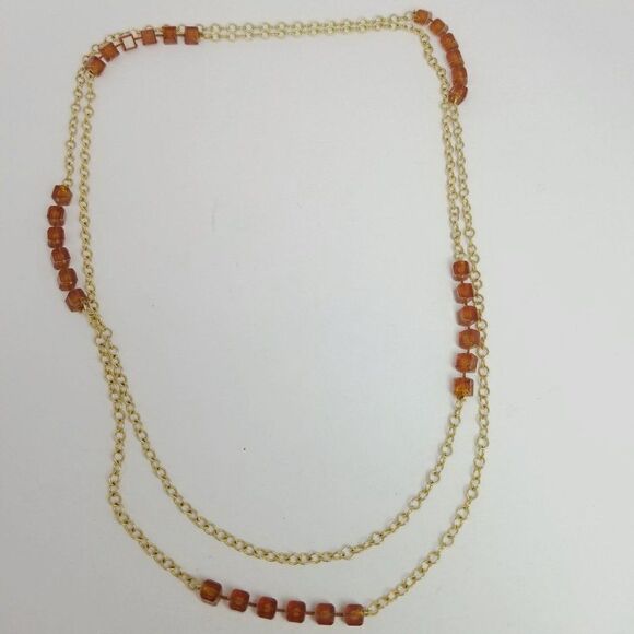Vintage Long Chain, Mix Pattern Design, Retro Orange and Gold Tone, Estate - Picture 4 of 4